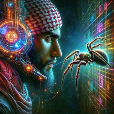 The primary subject of the image is a man wearing a hat and headphones, with a spider in front of him. The setting is a futuristic environment, possibly a computer or a digital artwork. The visual style is a combination of digital art and illustration, creating a unique and intriguing scene. The colors and mood of the image are predominantly dark and mysterious, with the spider and the man's attire adding a sense of danger and intrigue to the overall atmosphere.